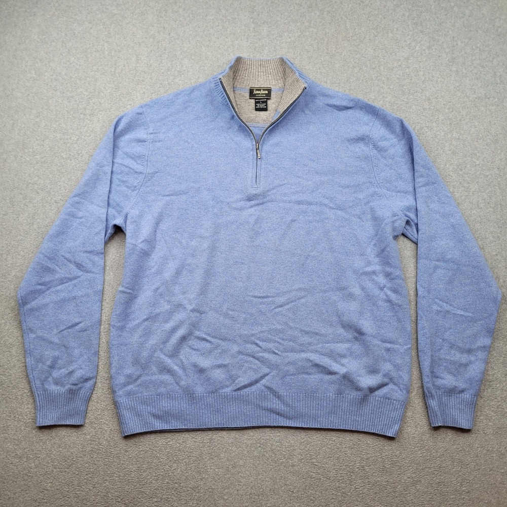 Neiman Marcus 100% Cashmere 1/4 Zip Sweater Mens Large Blue Mock Neck Pullover